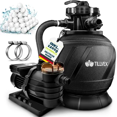 Image de Système de filtration à sable tillvex® Pool AquaBlack Pro 13 200 l/h à 40 000 l + 1 200 g de billes filtrantes | Système de filtration avec vanne à 7 voies et adaptateur 2 en 1 Ø 32-38 mm | Filtre de piscine auto-amorçant | Filtre à sable pour piscine