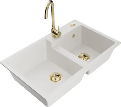 Produktbild von Mexen Tomas 2-Becken-Granitspüle mit Mischbatterie Telma, Weiß - 6516-20-670200-50