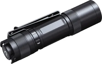 A black flashlight with a clip is shown against a white background.