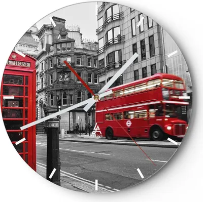 Produktbild von Wanduhr - Rund - Glasuhr - Bus Telefon Straße - 30x30cm - Schleichendes Uhrwerk - Lautlos - zum Aufhängen bereit - Dekoration Modern - Wanddekoration aus Glas - C3AR30x30-2674