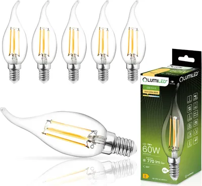 Produktbild von LUMILED BA35 E14 LED Lampe 6 Stück Set 7W (ersetzt 60W) 770 lm Filament Glas Leuchtmittel Kerzenform Windstoß 3000K Warmweiß Lampen 360° Kerze