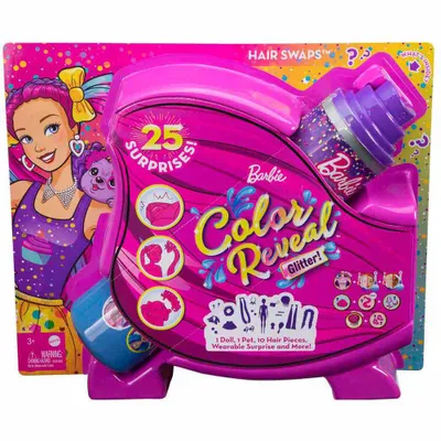 Produktbild von Mattel, Barbie Color Reveal Glitter Frisuren-Set mit Puppe und Zubehör, Bunt