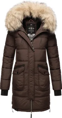 Produktbild von Marikoo Chaskaa dámska zimná prešívaná bunda s kapucňou zimný kabát parka s kožušinovým golierom čokoládová veľkosť 34 - XS
