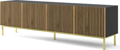Produktbild von TV Schrank RAVENNA F 200 cm 4D rahmen SCHWARZ MATT / ARTISAN EICHE mit Metallfüße Gefräste Fronten Stehen Unterschrank Fernsehschrank Modern Loft TV Board Sideboard HiFi-Tisch Golden oder Schwarz Metallrahmen Beine Lowboard