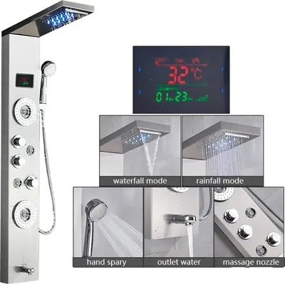 Zdjęcie produktu dla Panel prysznicowy LED, wodospad, wyświetlacz cyfrowy, szczotkowany nikiel 8006
