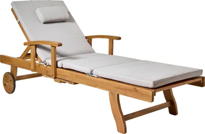 Produktbild von BELIANI Gartenliege Hellbraun u. Hellgrau Akazienholz Verstellbar Rollbar Sonnenliege mit Tisch und Auflage Terrasse Garten Balkon Modernes Design