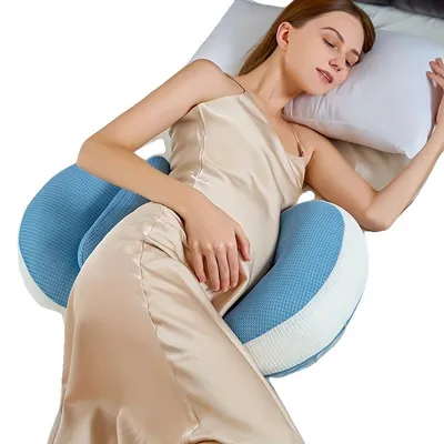 Imagen del producto de Almohada de lactancia en forma de U, que proporciona soporte completo para el cuerpo, cómoda para dormir de lado, color azul