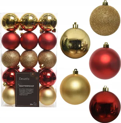 Produktbild von Unzerbrechliche Weihnachtskugeln Set, 30 Stk, 6 cm, Rot-Gold, Glänzend/Altmodisch/Glitzernd