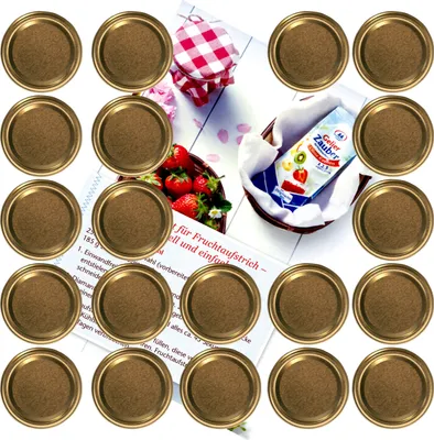 Zdjęcie produktu dla zestaw 20 pokrywek To 66 uni gold odpowiednich do słoików 125 ml wraz z książeczką z przepisami Diamant-Zucker Gelierzauber