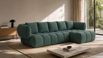 Image de Canapé d'angle Kaiser, forme en L, revêtement en tissu chenille Puente, bleu azur, configuration à droite, modèle SEVIO L