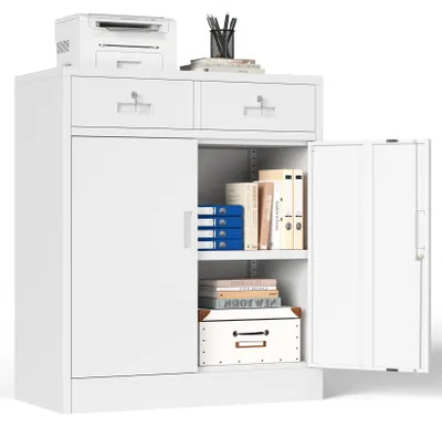 Image de Armoire de classement multifonctionnelle - Armoire de bureau avec 2 portes - Métal - 2 tiroirs - 90 x 80 x 40 cm