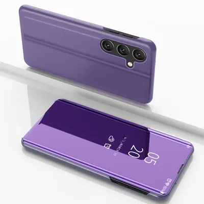 A purple smartphone case with a flip cover is shown in two views against a white and light gray background.