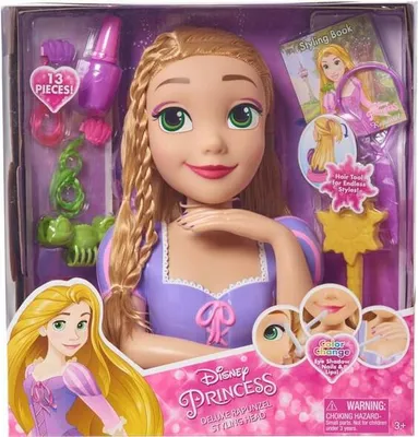 The image shows the packaging of a Rapunzel Deluxe Styling Head doll, with various accessories and styling tools displayed around it.