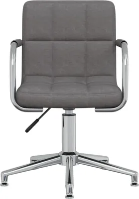 A front view of a dark gray fabric office chair with a chrome base and armrests, set against a white background.