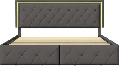 Image de Lit - Lit double rembourré - 140 x 200 cm - Éclairage LED - Tête de lit réglable - Espace de rangement avec 4 tiroirs - Gris