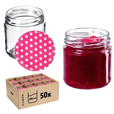 Obrázek produktu pro KADAX zavařovací sklenice s víčkem "Lerma", zavařovací sklenice, 200 ml, 50 kusů, víčko se vzorem růžového hrášku