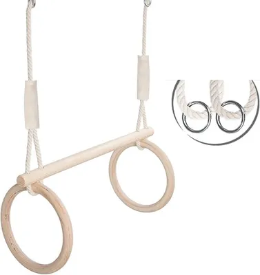 Imagen del producto de Silecomplaza: Columpio trapezoidal, aros de madera, equipos de gimnasia para interiores y exteriores, columpio con aros, gimnasia con columpio de madera, aros de gimnasia y barra trapezoidal