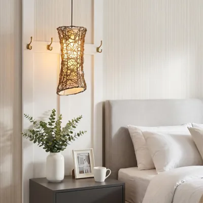 Produktbild von Pendelleuchte SKOV aus Rattan mit Stoffschirm – Ø20 cm, 1-flammig, E27
