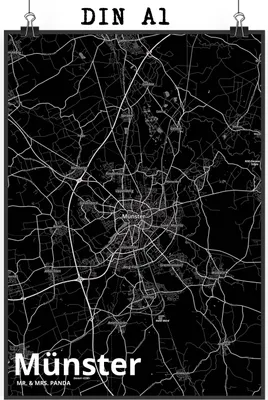 Produktbild von Mr. & Mrs. Panda Bild Münster DIN A1 - Geschenk, Wandbild, wanddeko, Stadt, Posterdruck, drucke, Dorf Karte Landkarte Map Stadtplan, Kunstdruck