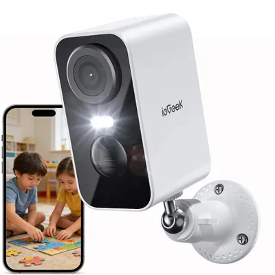 Image de Caméra de surveillance d'extérieur ieGeek 2K, sans fil, rechargeable, Wi-Fi, avec vision nocturne couleur et détection de mouvement PIR pour l'intérieur et l'extérieur