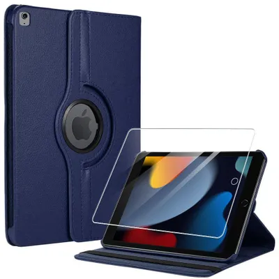 Image de Coque + Verre Trempé pour iPad 10,2 Pouces (7/8/9ème Génération, 2019/2020/2021) Etui Rotatif 360° - Bleu Marine