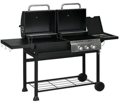 Produktbild von Outsunny Holzkohlgrill Gasgrill mit 2+1 Brenner, Thermometer, Haken, Schwarz