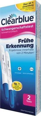 A product box for Clearblue pregnancy tests, showing two test sticks and marketing information.