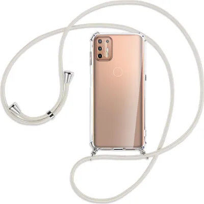 Produktbild von Handykette Backcover-Schutzhülle mit Band (Metall silberfarben) für Motorola Moto G9 Plus - broken white