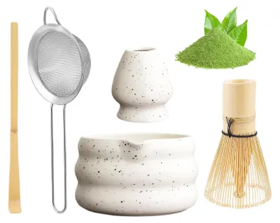 Obrázek produktu pro 5dílná prémiová sada matcha s miskou na prášek matcha, bambusovou metličkou a filtrační lžičkou matcha set - tradiční japonská čajová stezka plná čajové sady matcha, bílá
