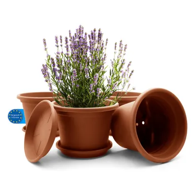 Produktbild von BigDean 4 Stück Blumentopf mit Untersetzer rund ø 25 cm Terracotta – wetterfester Pflanzkübel Gefertigt in Europe