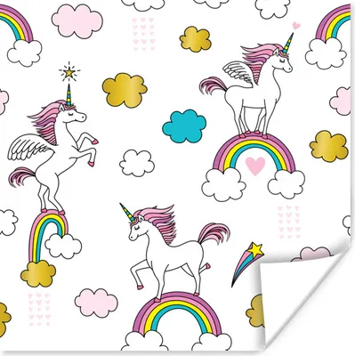 Produktbild von MuchoWow® Poster Eine Illustration von Einhörnern auf Regenbögen - Mädchen - Kinder - Kinder 50x50 cm - Wohnzimmerdekoration