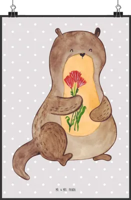 Produktbild von Mr. & Mrs. Panda Bild Otter Blumenstrauß DIN A0 - Grau Pastell - Geschenk, Kunstdruck, drucke, wanddeko, Seeotter See, Plakat, Niedlich, Wandbild, Süß