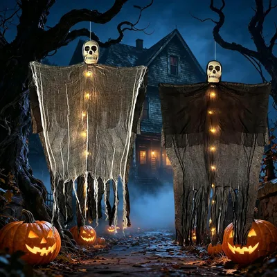 Productafbeelding van Halloween-decoratie voor buiten - Set van 2 - Skeletten - 96— 56 cm - Hangende spoken en doodskoppen met LED-lampjes