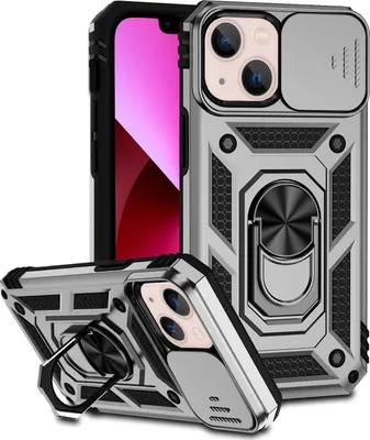 Image de Étui pour iPhone 13 Mini étui double couche avec couvercle coulissant pour appareil photo et anneau de support Argent