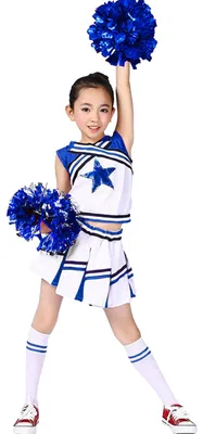 Cheerleader-Kostüm für Mädchen, Blau, Gr. 140, mit Pompons und Socken