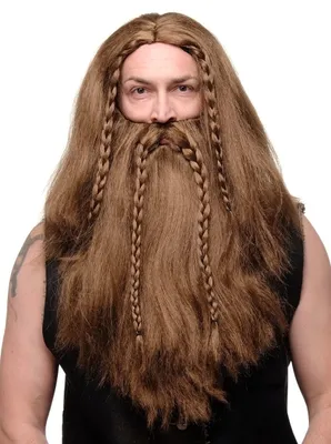 Imagen del producto de Peluca larga y trenzada de color marrón, con barba, ideal para el carnaval y fiestas temáticas