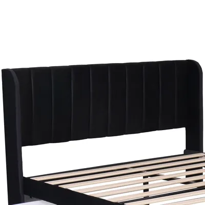 Image de okwish Lit tapissier 160x200 cm, lit double velours avec 2 tiroirs, sommier et tête de lit – noir