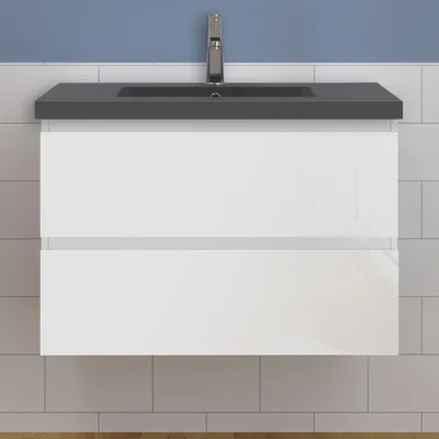 Produktbild von Waschtisch mit Unterschrank 80cm Alast Badmöbel Set Hochglanz Weiß Waschbecken Dunklegrau mit Unterschrank MDF Softclose