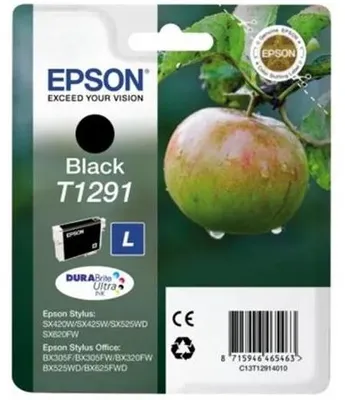 Obrázok produktu pre Epson Apple Jednofarebný atrament DURABrite Ultra T1291 jablko Black, Low Yield, Čierna, Atrament na pigmentovej báze, 11,2 ml, 1 kusov, 385 strany