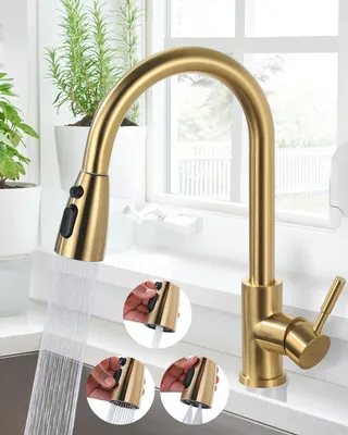 Keukenkraan RVS 304, 360° drehbar, Gold, 3 Strahlarten