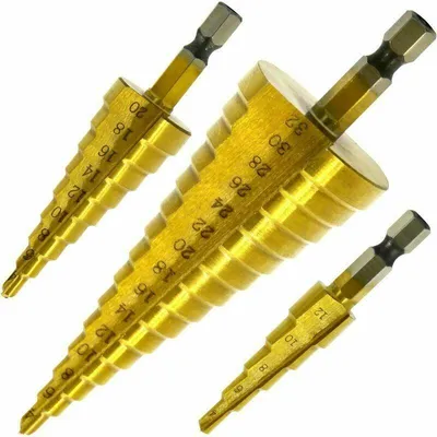 Obrázek produktu pro Sada 3 vrtáků s frézou, nerezová ocel, 4-12/20/32 mm, kuželový trojúhelník z titanu, s šestihrannou stopkou, pro vrtačku, vrtání do oceli, mosazi, dřeva, plastu