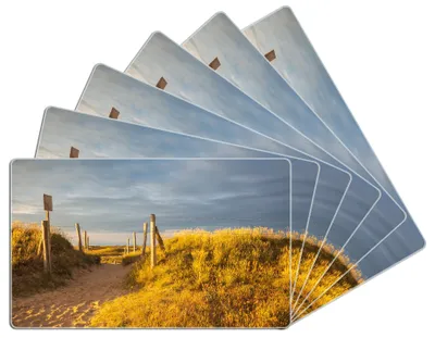 Produktbild von Wallario Frühstücksbrettchen 6er Set aus Glas, je 14 x 23 cm, mit rutschfesten Füßen, Motiv Düne am Strand bei Sonnenuntergang in Frankreich