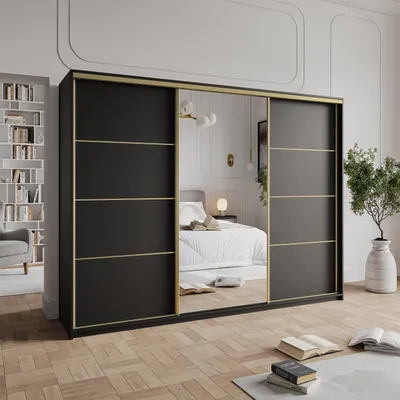 Produktbild von Masseno Schiebetürenschrank VARO 250/205/60 cm Kleiderschrank mit 4 Schubladen Schlafzimmer Schrank 3-türig mit Spiegel Schwarz