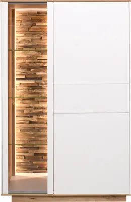 Produktbild von Highboard KINGSTON Ice Weiß supermatt/Asteiche mit Beleuchtung, Glastür und 6 Regalböden