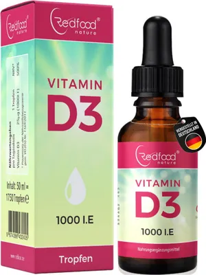 Produktbild von Redfood - VITAMIN D3 1000 I.E – 25 µg Tropfen, hochdosiert mit veganem D3 in MCT Öl aus Kokos, hohe Bioverfügbarkeit, unterstützt ein gesundes Immunsystem