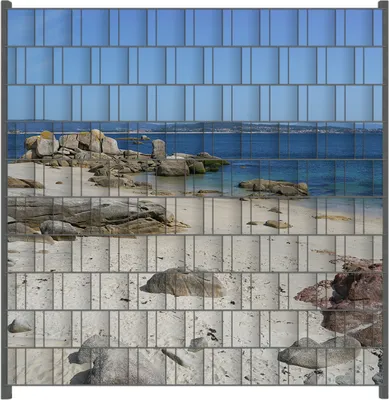 Produktbild von Wallario Zaunsichtschutz mit Motiv Felsen auf einem Sandstrand für Ein- und Doppelstabmatten Zäune in der Größe 200 x 200 cm