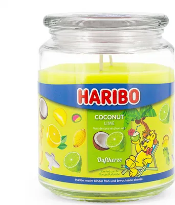Produktbild von Haribo™ Duftkerze Coconut Lime, 2 Dochte, HxD: 13 x 10 cm, 100h Brenndauer, Kerze im Glas, Kokosnuss & Limette, gelb