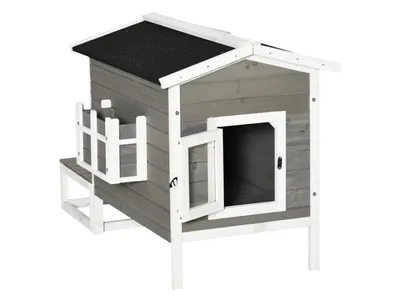 Obrázok produktu pre Domček pre mačky D30-203, drevený, vonkajšia jaskyňa, s terasou a balkónom, jedľové drevo, sivý, 115 x 66,5 x 74,7 cm