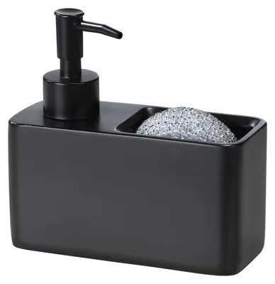 Produktbild von WENKO Spülmittelspender Resa Schwarz mit Schwammablage 14,5 x 14,3 x 6 cm