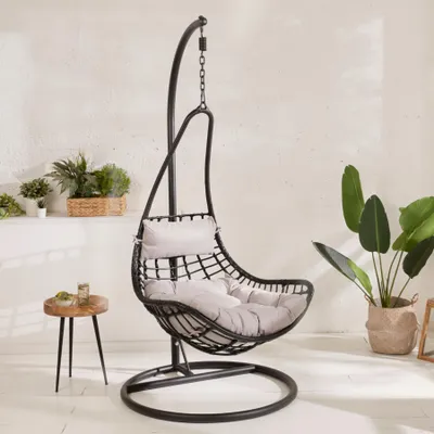 Produktbild von riess-ambiente Hängesessel LOFT WIDE grau schwarz Metall Flachgewebe Hängestuhl inkl. Kissen wetterfest In- und Outdoor